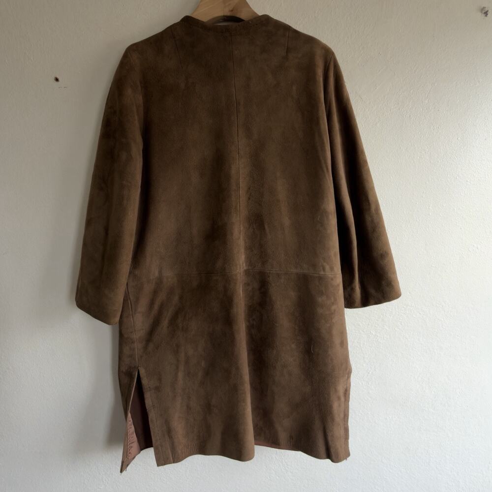 Vintage 1960s Camel Suede Collarless Swing Coat Covered Buttons Mid Century Sz 8 - Picture 7 of 12